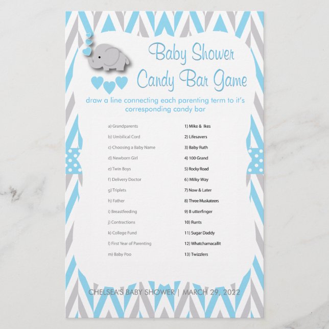 Blauw en grijs Baby shower met olifant - Spel 2 (Voorkant)
