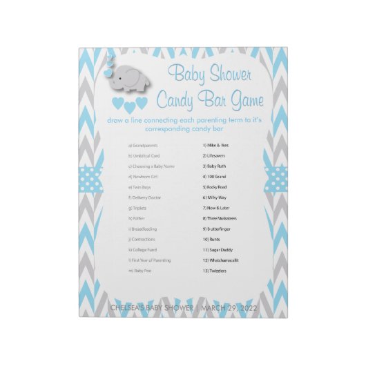 Blauw en grijs Baby shower met olifant - Spel 2 Notitieblok (Linkerzijde)