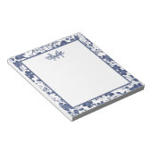 Blauw en grijs bloemmotief met monogram notitieblok (Schuin)