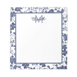 Blauw en grijs bloemmotief met monogram notitieblok
