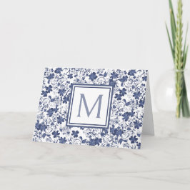 Blauw en grijs bloemmotief monogram notitiekaartje