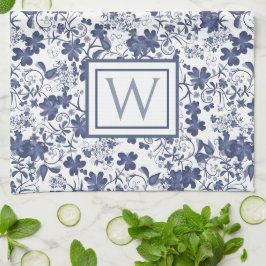 Blauw en grijs bloemmotief monogram theedoek