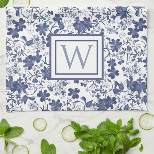 Blauw en grijs bloemmotief monogram theedoek (Gevouwen)
