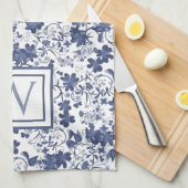 Blauw en grijs bloemmotief monogram theedoek (Quarter Fold)