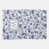 Blauw en grijs bloemmotief monogram theedoek (Horizontaal)