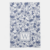 Blauw en grijs bloemmotief monogram theedoek (Verticaal)