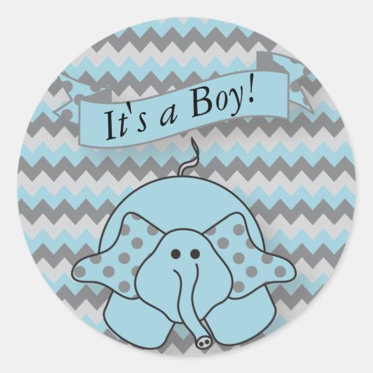 Blauw en Grijs Chevron Baby Olifant Ronde Sticker (Voorkant)
