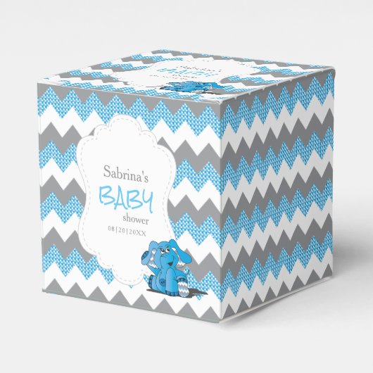 Blauw en grijs Chevron Elephant Baby shower Bedankdoosjes (Voorkant Zijde)