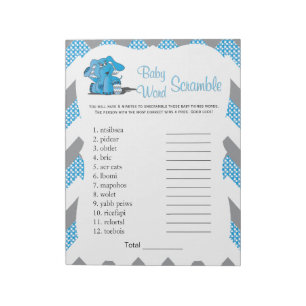 Blauw en grijs Chevron Elephant Baby Word Game 2 Notitieblok
