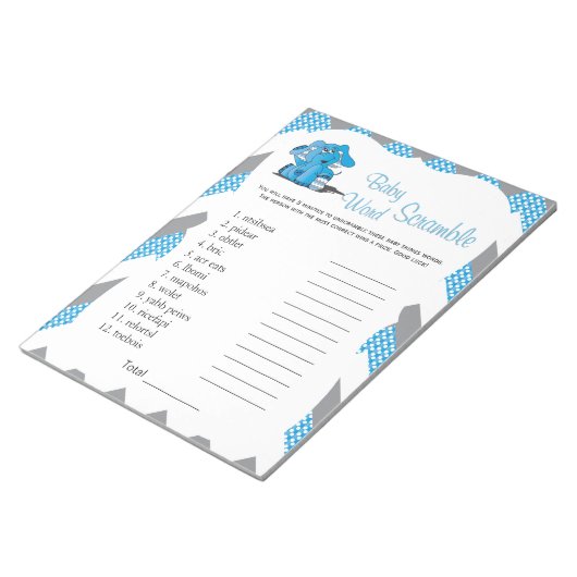 Blauw en grijs Chevron Elephant Baby Word Game 2 Notitieblok (Schuin)
