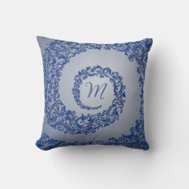 Blauw en grijs Damaskus Monogram Kussen