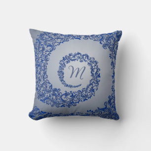 Blauw en grijs Damaskus Monogram Kussen