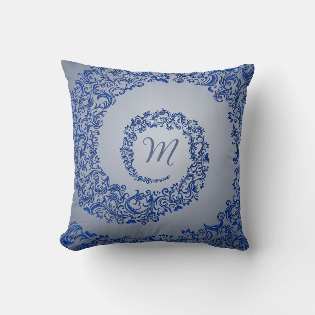 Blauw en grijs Damaskus Monogram Kussen (Voorkant)