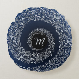 Blauw en grijs Damaskus Monogram Rond Kussen