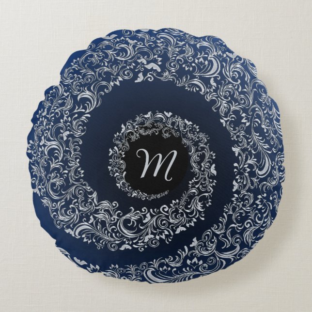 Blauw en grijs Damaskus Monogram Rond Kussen (Voorkant)