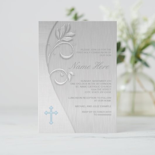 Blauw en Grijs Eerste Communie Kaart (Staand voorkant)