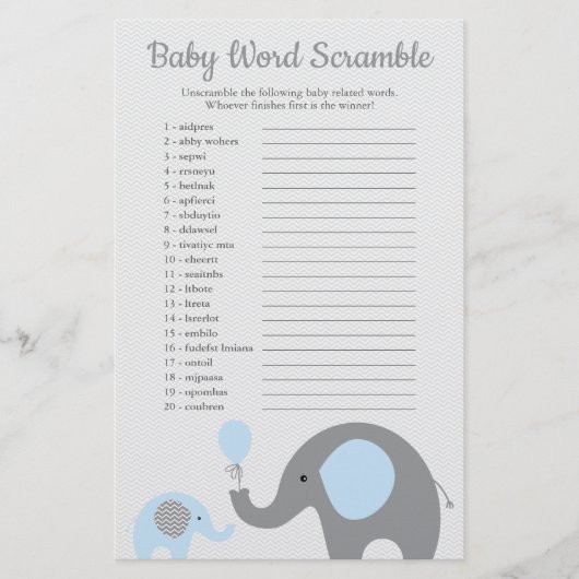 Blauw en grijs Elephant Baby shower Word Scramble Flyer (Voorkant)