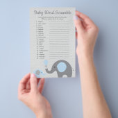 Blauw en grijs Elephant Baby shower Word Scramble Flyer (Hand)
