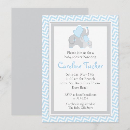 Blauw en grijs ellephant Baby Shower Chevron Kaart (Voorkant / Achterkant)