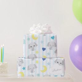 Blauw en grijs ellephant Pattern Baby Striped Cadeaupapier