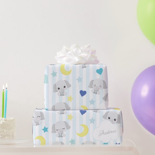 Blauw en grijs ellephant Pattern Baby Striped Cadeaupapier (Feestgeschenken)