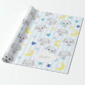 Blauw en grijs ellephant Pattern Baby Striped Cadeaupapier (Uitgerold)