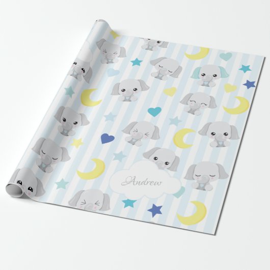 Blauw en grijs ellephant Pattern Baby Striped Cadeaupapier (Uitgerold)