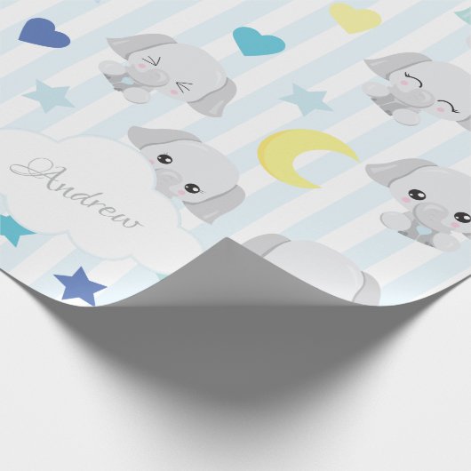 Blauw en grijs ellephant Pattern Baby Striped Cadeaupapier (Hoek)