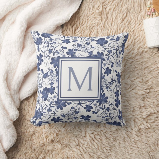 Blauw en Grijs Floral Monogram Kussen (Deken)