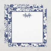 Blauw en Grijs Floral Monogram Notitiekaartje (Voorkant / Achterkant)
