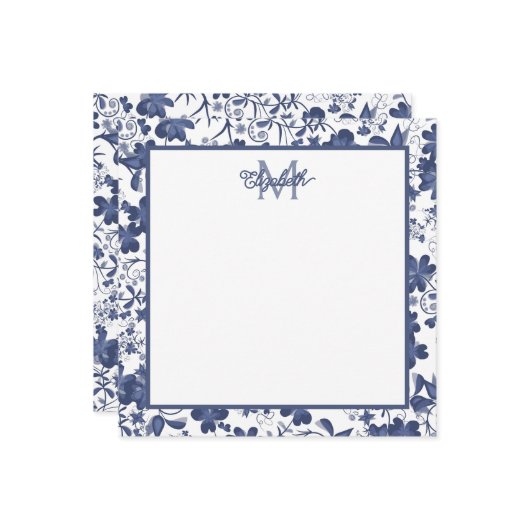 Blauw en Grijs Floral Monogram Notitiekaartje (Voorkant / Achterkant in situ)