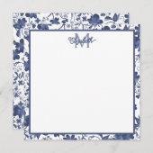 Blauw en Grijs Floral Monogram Notitiekaartje (Voorkant / Achterkant)