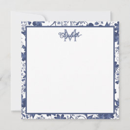 Blauw en Grijs Floral Monogram Notitiekaartje