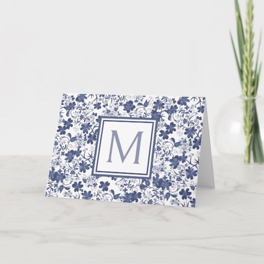 Blauw en Grijs Floral Monogram Notitiekaartje (Voorkant)