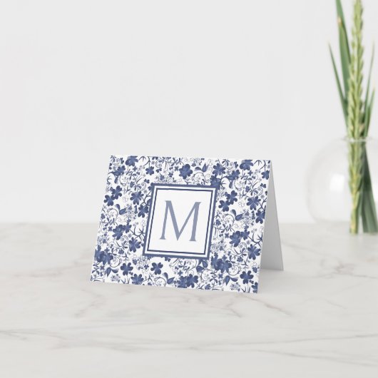 Blauw en Grijs Floral Monogram Notitiekaartje (Voorkant)