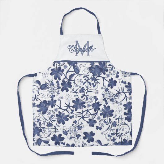 Blauw en Grijs Floral Monogram Schort (Voorkant)