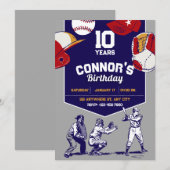 Blauw en Grijs geïllustreerd honkbal verjaardagsfe Kaart (Voorkant / Achterkant)