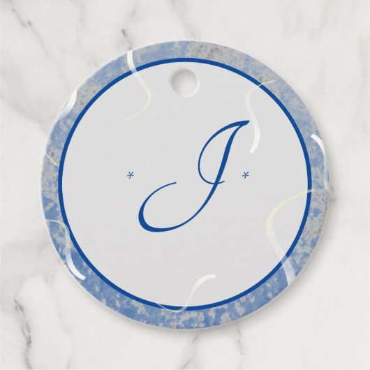 Blauw en Grijs Gemarmerd Monogrammed Bedankjes Labels (Voorkant)