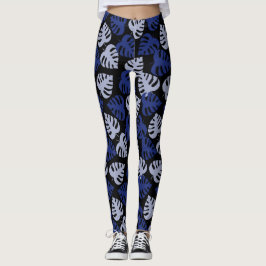 Blauw en grijs monstera bladpatroon op zwart leggings