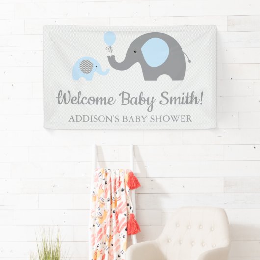 Blauw en Grijs Olifant Baby shower Banner Poster (Insitu)