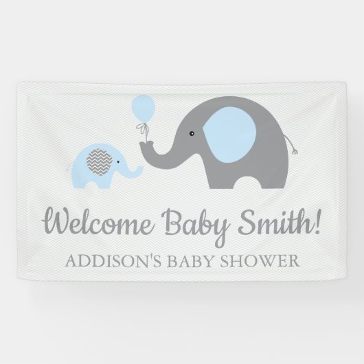 Blauw en Grijs Olifant Baby shower Banner Poster (Horizontaal)