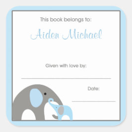 Blauw en Grijs Olifant Baby shower Boek Bord Vierkante Sticker