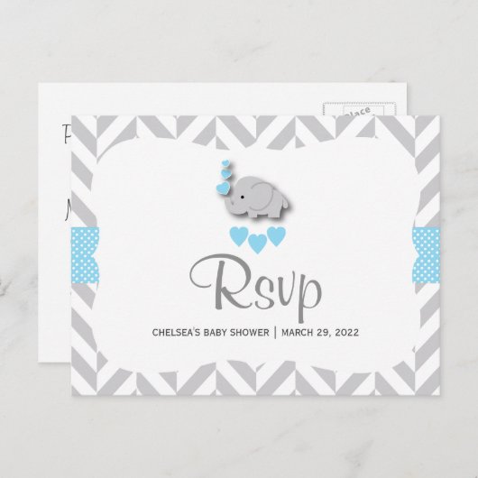 Blauw en grijs olifant Baby shower - RSVP Uitnodiging Briefkaart (Voorkant / Achterkant)