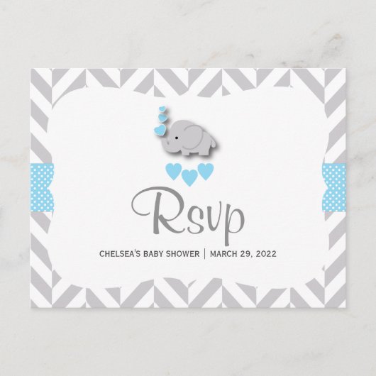 Blauw en grijs olifant Baby shower - RSVP Uitnodiging Briefkaart (Voorkant)