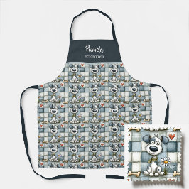 Blauw en grijs patchwork hondenpatroon huisdierver schort