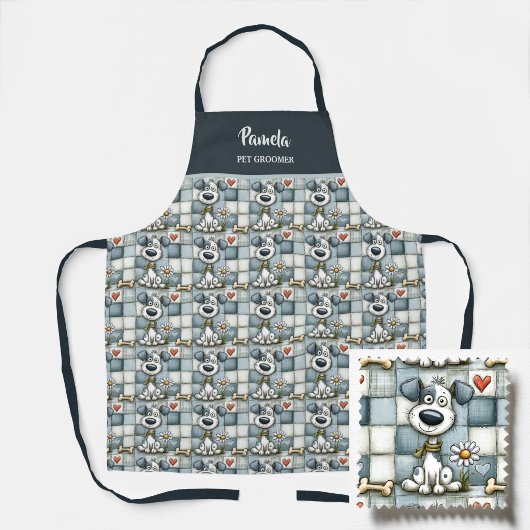 Blauw en grijs patchwork hondenpatroon huisdierver schort