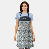 Blauw en grijs patchwork hondenpatroon huisdierver schort (Gedragen)