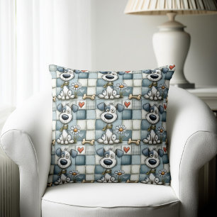 Blauw en grijs patchwork hondenpatroon kussen