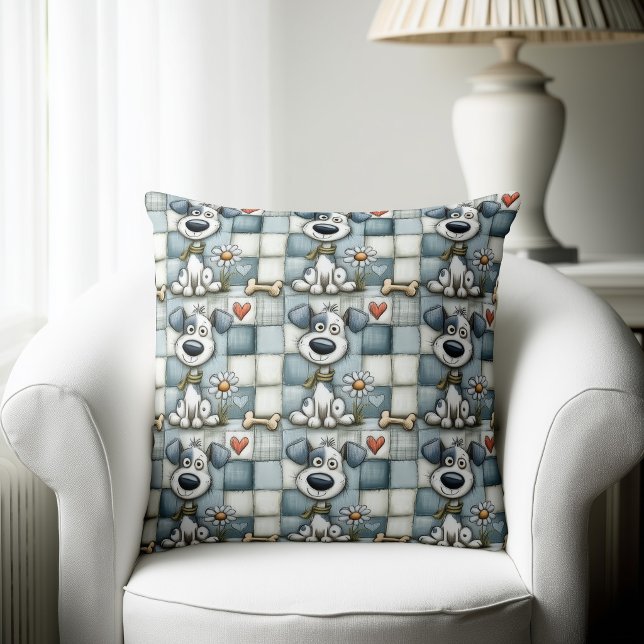 Blauw en grijs patchwork hondenpatroon kussen (Creator heeft geüpload)