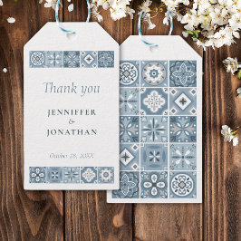 Blauw en grijs spaans tegels hart Gift Label Cadeaulabel